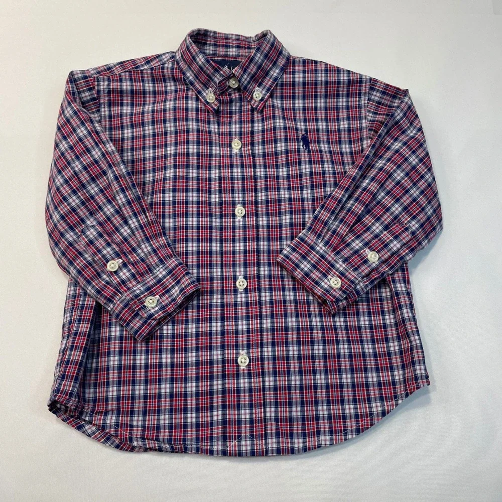 Ralph Lauren Kids Plaid Button Down Shirt Long Sleeve Red Blue‎ White Pony 24M